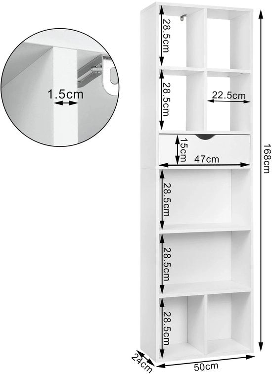 Cassettiera con Porta – Cassettone - Libreria - Cassetto Aperto – Cassetto Indipendente - Cassetto di Archiviazione - Divisa Camera – 6 Cassetti - 1 Porta - 50x24x168cm - Bianco