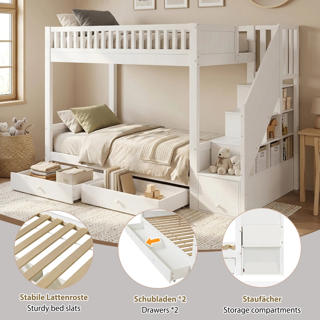 Letto a castello per bambini 90 × 200 cm con scala contenitore e 2 cassetti, senza materasso, in legno, bianco