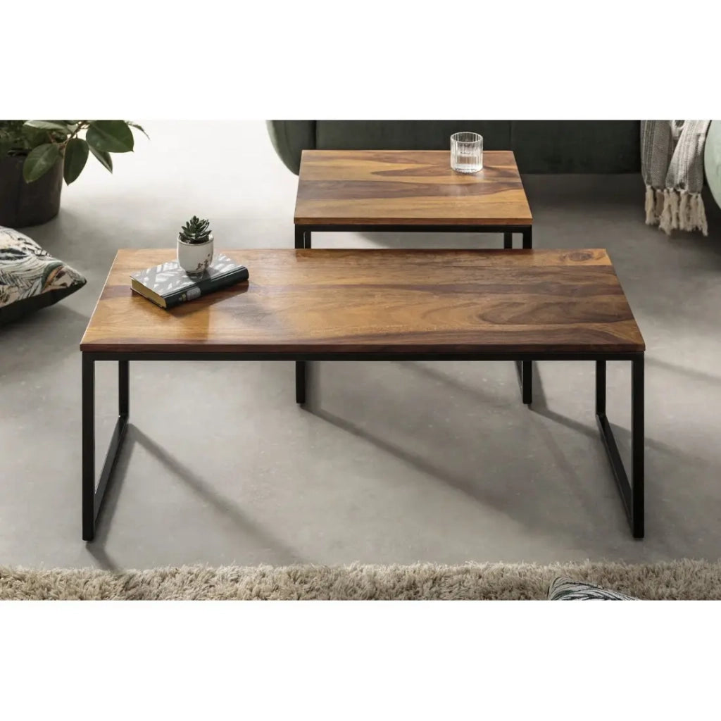 Tavolini impilabili VORTEX in legno massiccio Sheesham e metallo nero – set di 2 tavolini design industriale