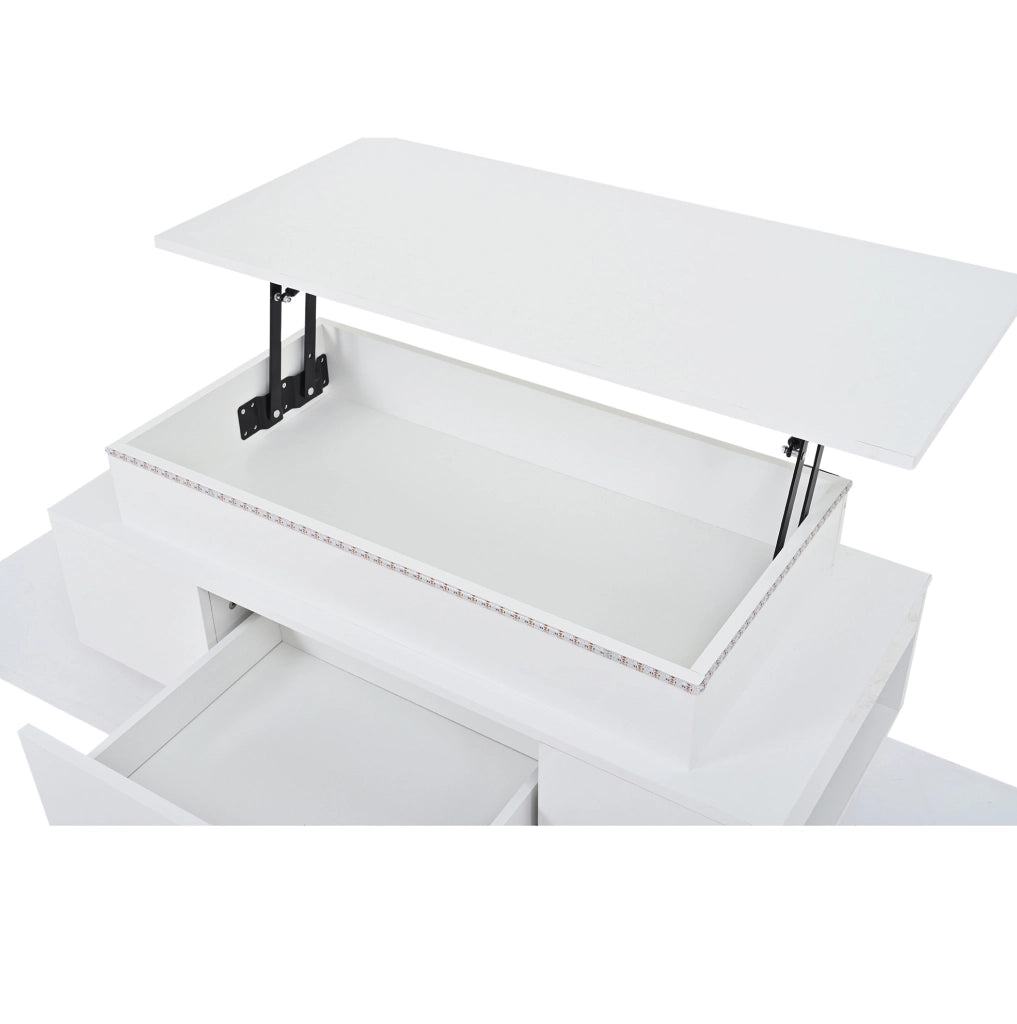 Tavolino da caff¨¨ 96x45x40 cm sollevabile con LED, cassetto e vano contenitore bianco