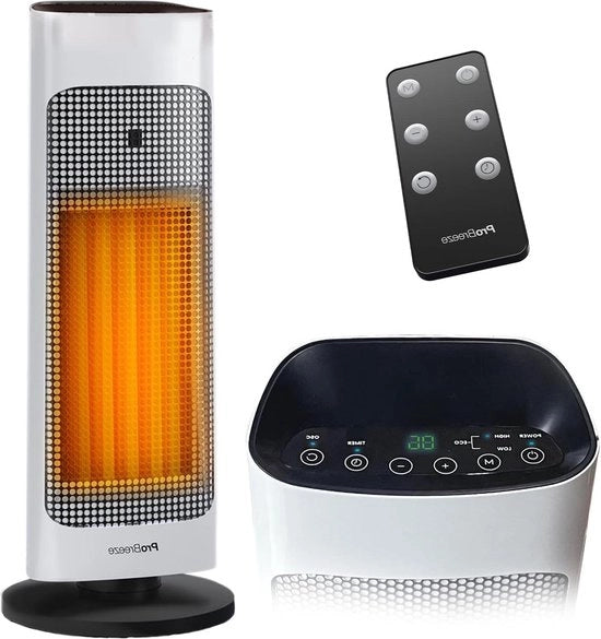 Verifica di Riscaldamento elettrico a ceramica - Torenverriscaldamento 2000 W con display a LED digitale - Funzione di auto-rotazione e modalità di economia e ventilazione - Bianco