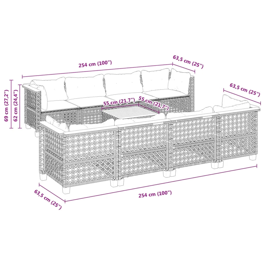 Set Divani da Giardino 9 pz con Cuscini Nero in Polyrattan 3261770