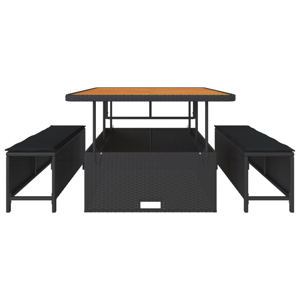 Set da pranzo da giardino in 3 pezzi con cuscini neri in polyrattan e acacia