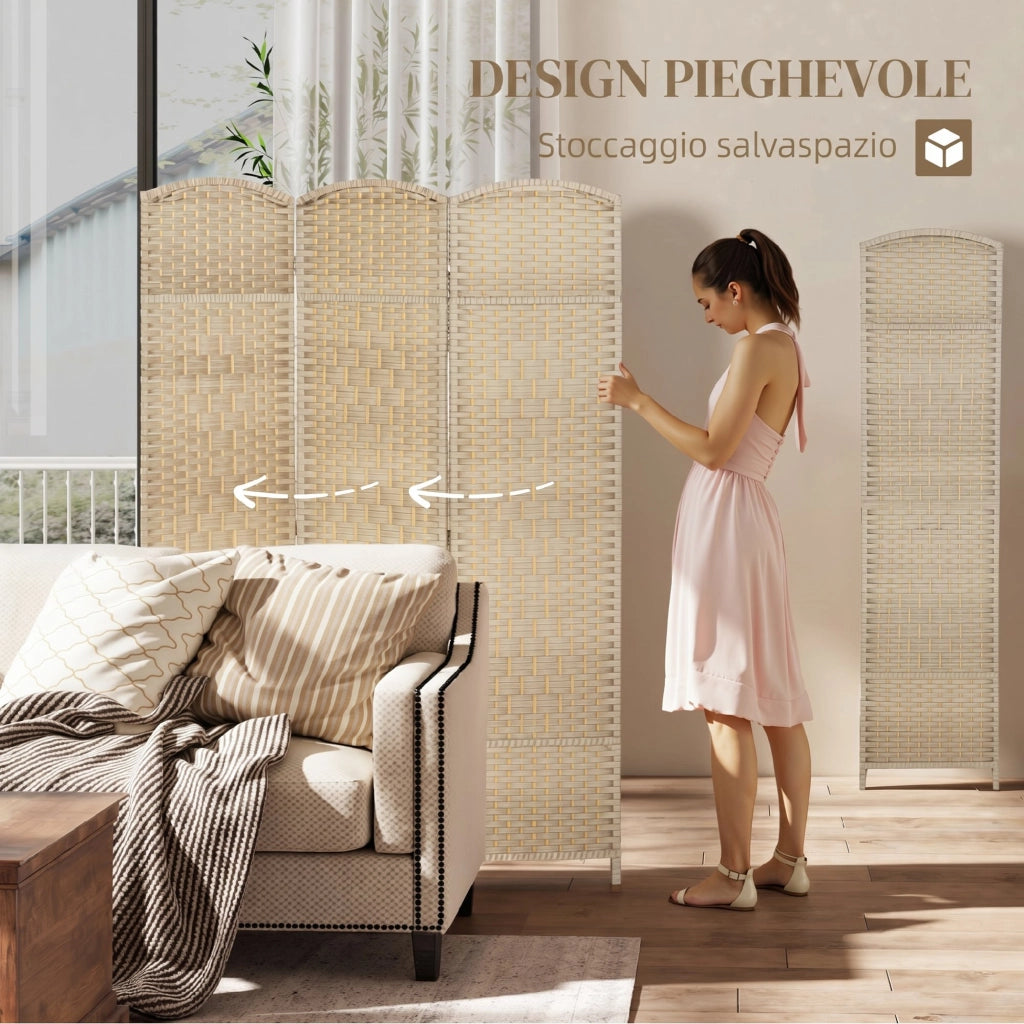 Paravento da Interno a 3 Pannelli Pieghevole 135x180 cm Separé Intrecciato in PP e Legno di Pino Rovere