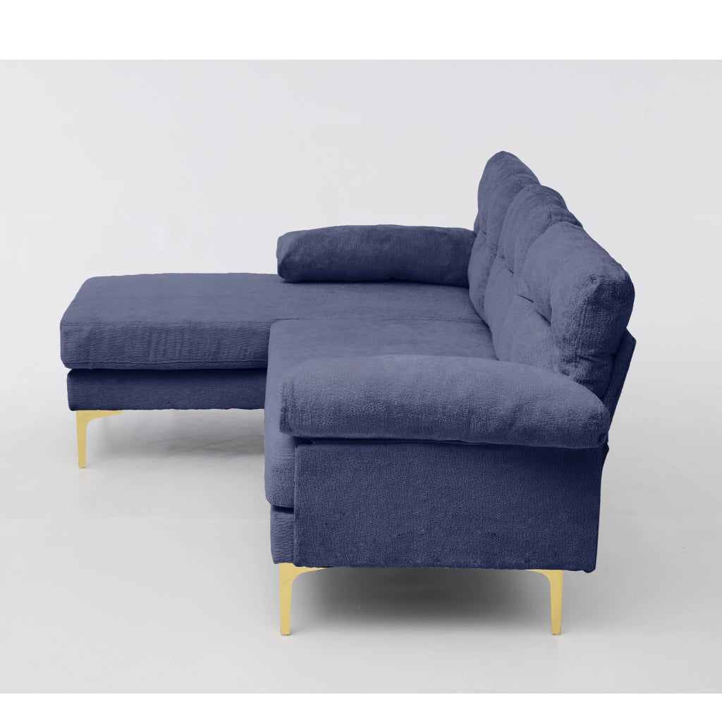 Divano Angolare 3 Posti ¨C MINIMAL ¨C Tessuto Chenille Blu, Gambe in Metallo, Funzione Relax