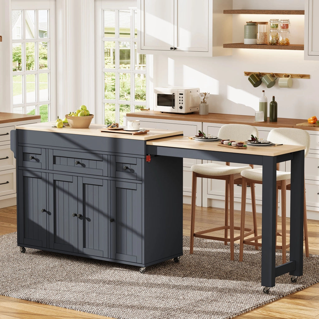 Carrello da cucina con piano estraibile, 3 cassetti, per cucina, grigio, 137-190,6 × 45,2 × 92 cm