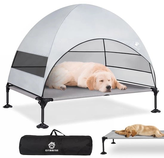 Letto per cani elevato con ombrello, poltrona esterna elevata con piedini antiscivolo, trasportabile con ombra su tre lati, divano per cani per campeggio, giardino, spiaggia e piscina