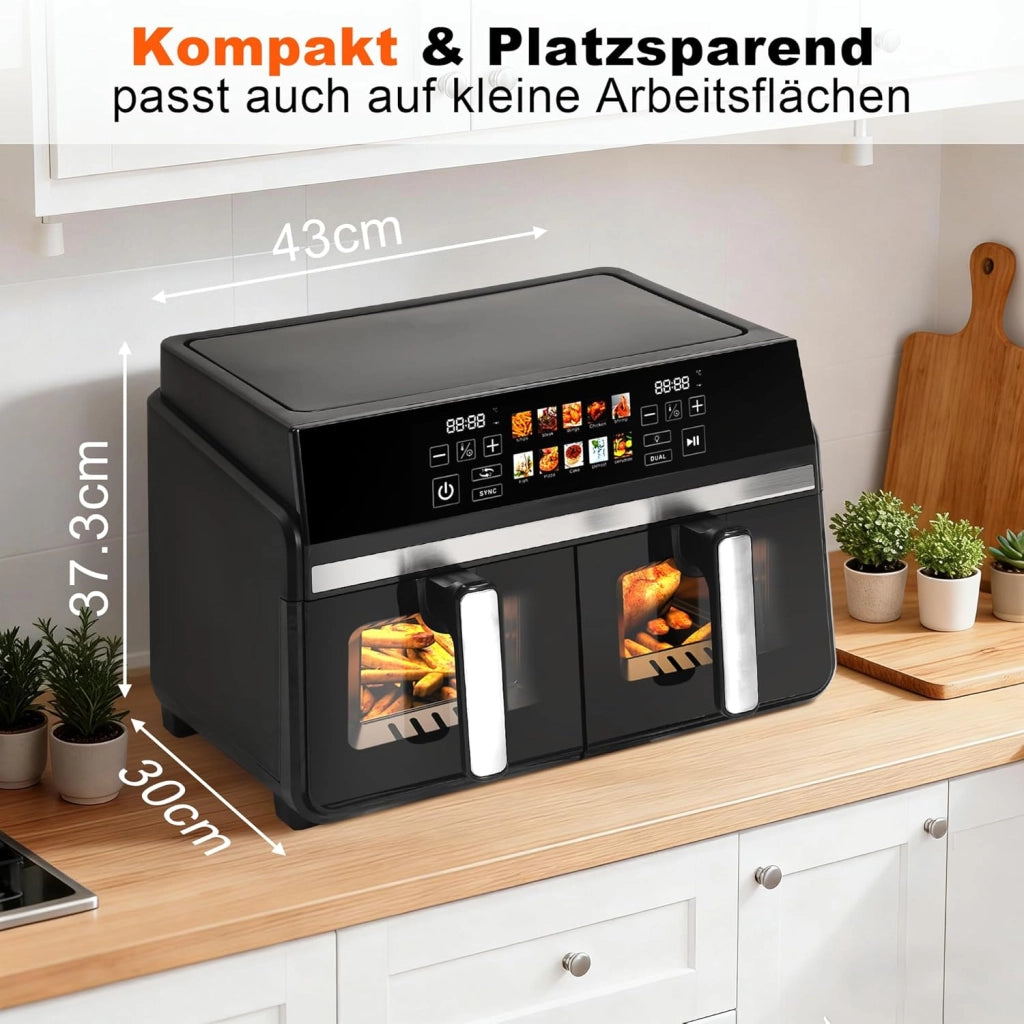 ZMH Friggitrice ad aria a doppia zona 10L 2200W touch screen con finestra visiva, cestello lavabile in lavastoviglie