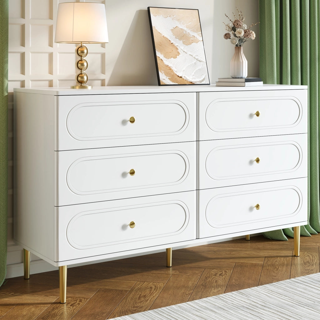 Credenza con 6 cassetti e dettagli ovali, piedi in metallo, per soggiorno e ingresso, bianco, 120 × 40 × 75 cm