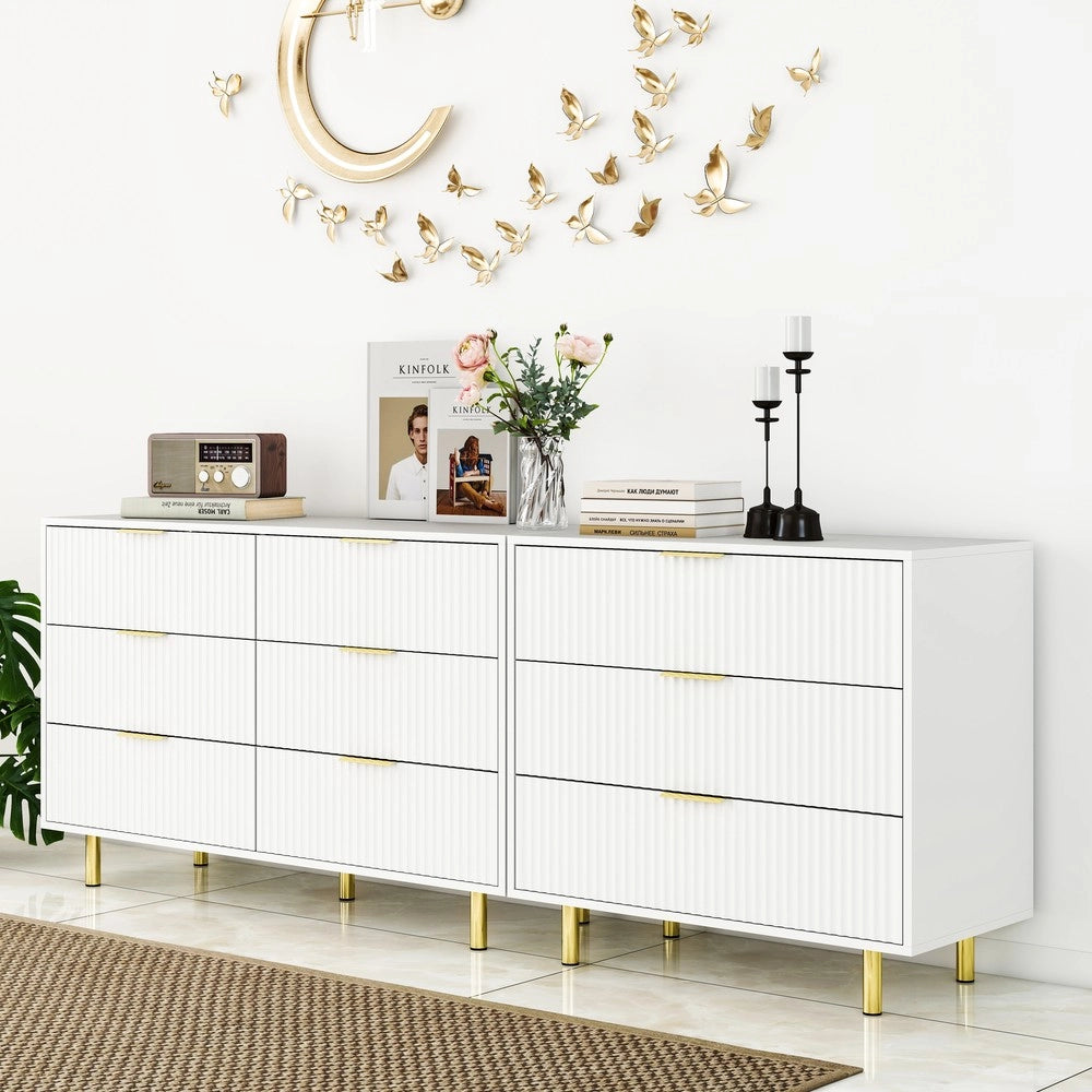 Cassettiera Modulare con 9 Cassetti e Sideboard ¨C MINIMAL ¨C Bianco e Oro 200x40x72 cm