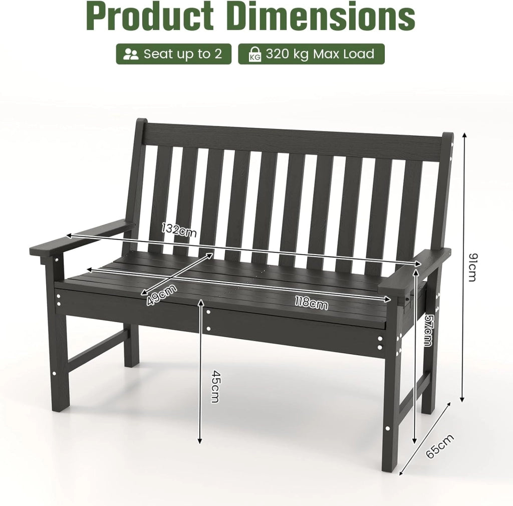 Panca da giardino a 2 posti, resistente alle intemperie, con schienale e braccioli, in HDPE fino a 300 kg, per balcone, giardino, terrazza, 132,5 x 62,5 x 91 cm (nero)