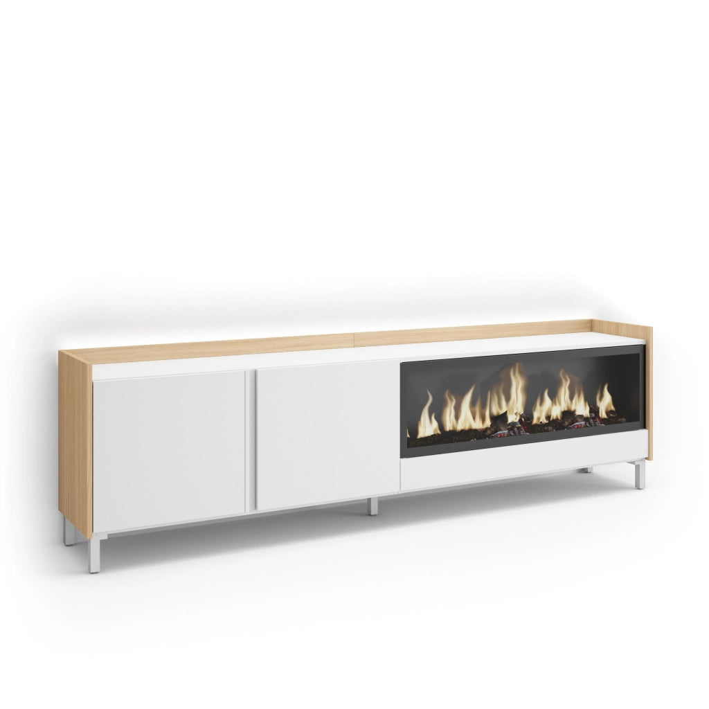 Mobile TV Soggiorno, 212x61x35 cm, Per TV fino a 80", Camino elettrico XXL, Design industriale, LED, Bianco e Rovere soft