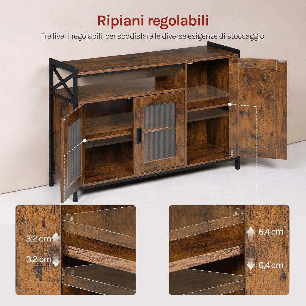 Credenza Cucina con 3 Ante, Mobile Buffet Salvaspazio con 2 Ripiani Regolabile, in Legno e Metallo, per Cucina, Soggiorno, Ingresso, 110x33x75 cm, Marrone Rustico