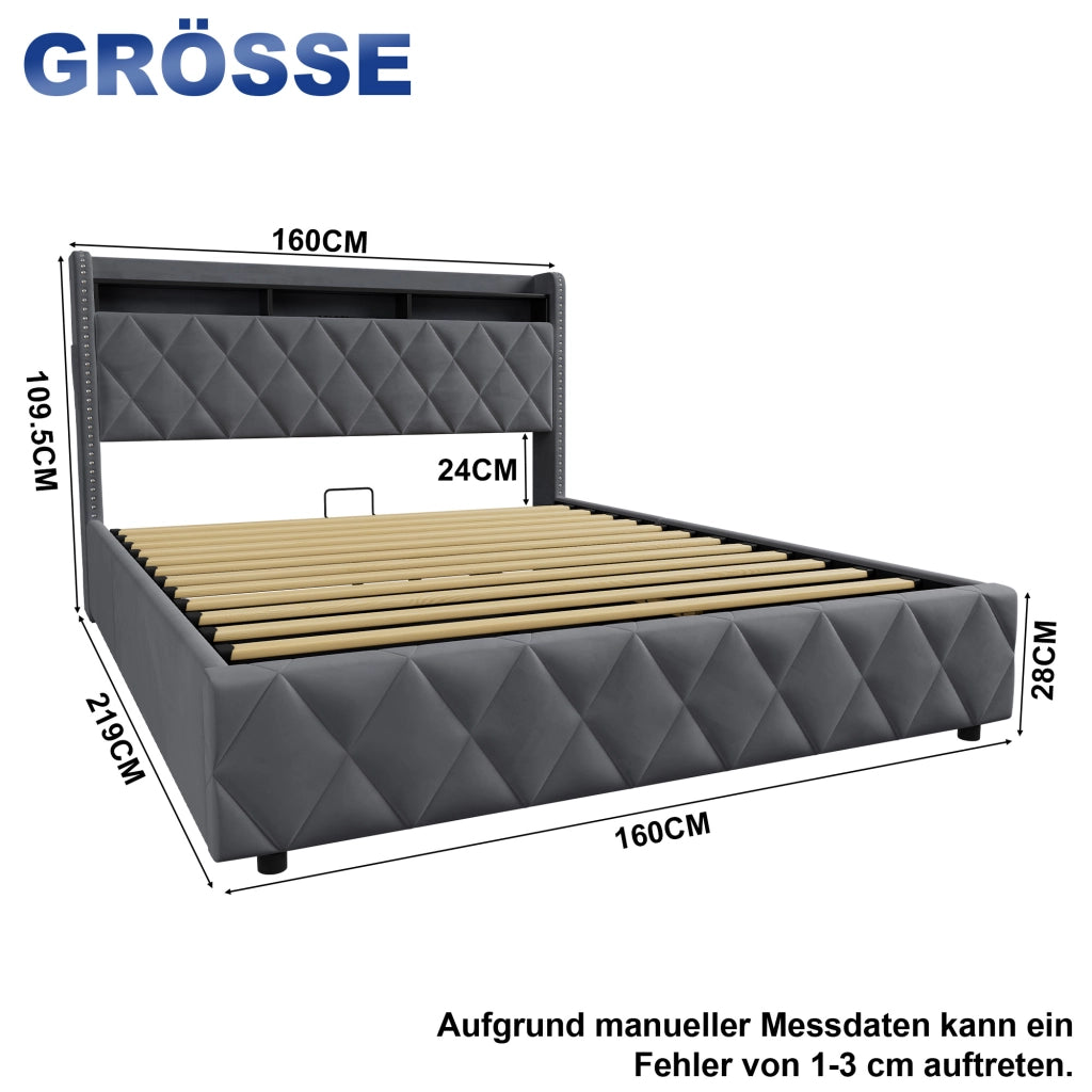 Letto matrimoniale imbottito contenitore grigio scuro 160x200 cm con LED e dock USB
