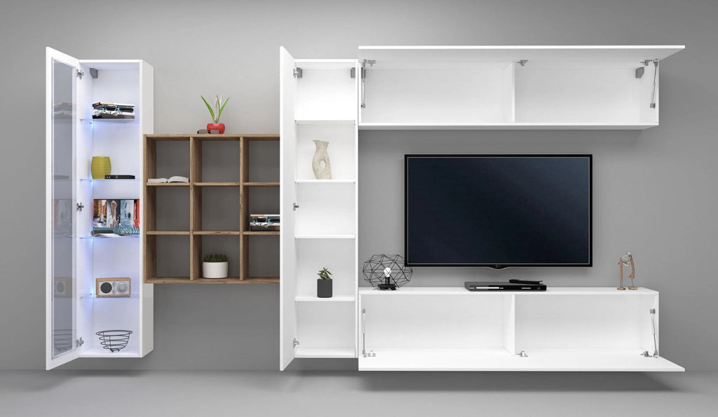 Parete Attrezzata Soggiorno 350x30x180 cm Maruska n°23 Bianco Lucido/Rovere Wotan