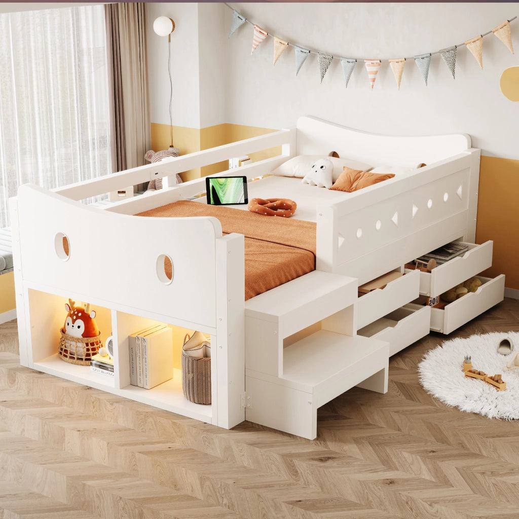 Letto singolo per bambini 90x200 cm con cassetti; testiera portaoggetti; sponda; LED; USB e USB-C; legno bianco