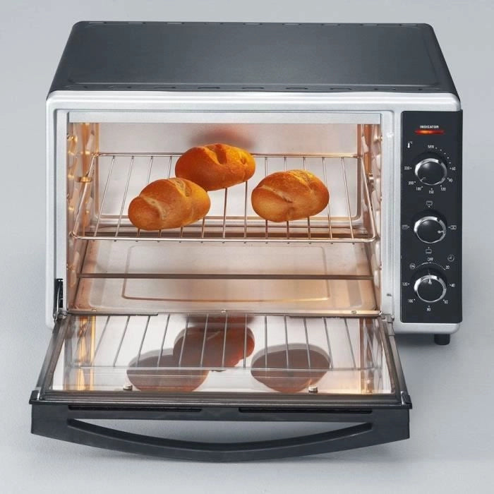 Calore del forno mini Severin to2058 Ruota 42 L, pietra per pizza e curve, forno posabile 1.800 W, timer 120 min, acciaio nero/inossidabile