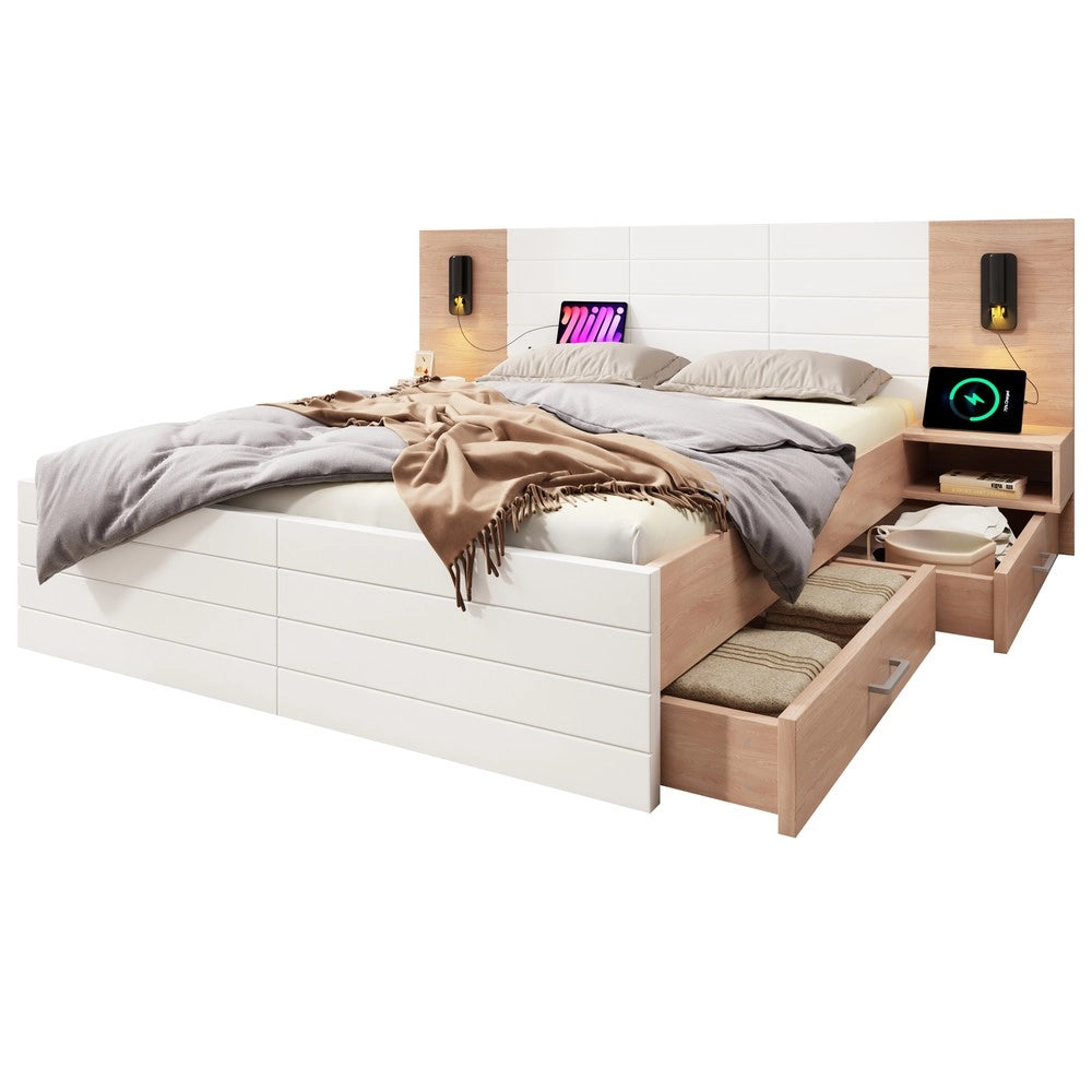 Letto Matrimoniale in Legno con Cassetti e Testiera LED USB ¨C MINIMAL ¨C Rovere/Bianco 160x200