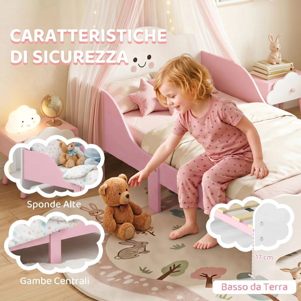 Letto Montessori per Bambini 3-6 Anni 143x77x60 cm con Bordi Rialzati in Legno Rosa
