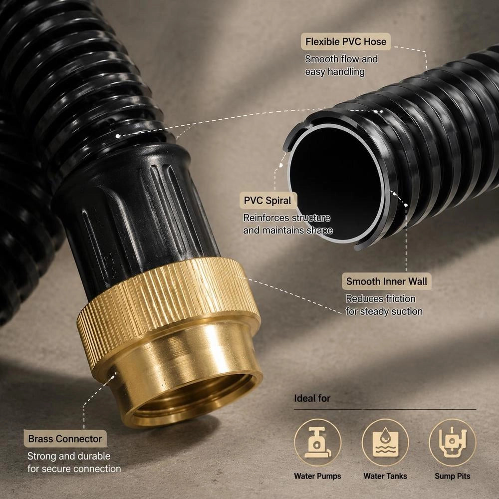Suction Hose With Brass Fittings, Black, 1.1" 10 M PVC