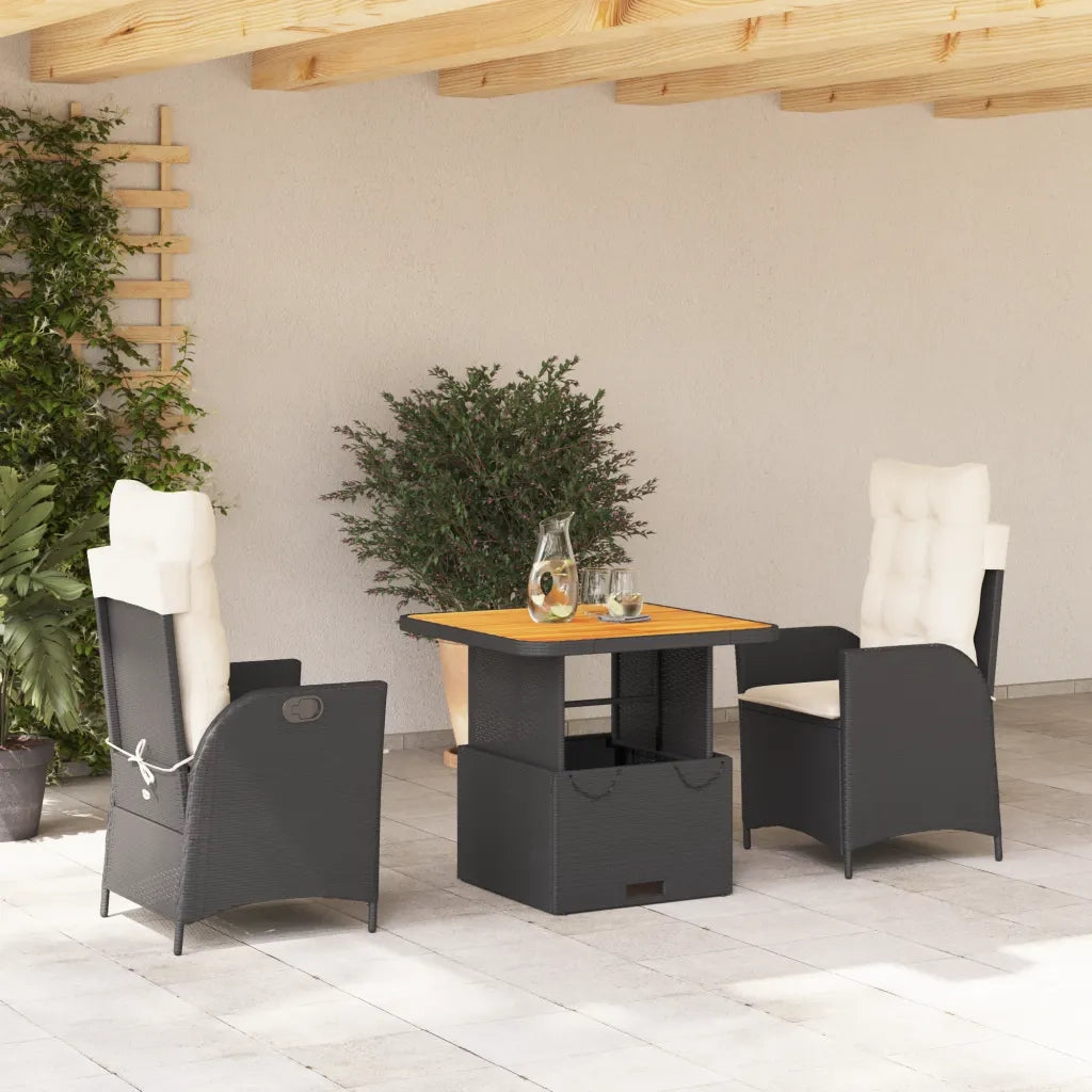 Set da Pranzo da Giardino 3 pz | Set Salotto da Giardino con Cuscini Nero in Polyrattan