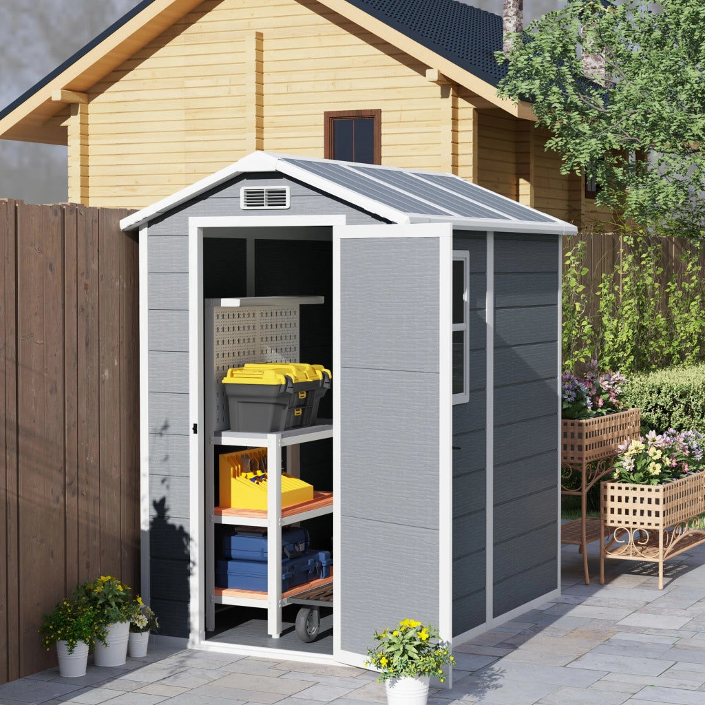 Casetta Box da Giardino 130x180 cm con Pavimento Porta con Blocco e Finestra in Resina Grigio