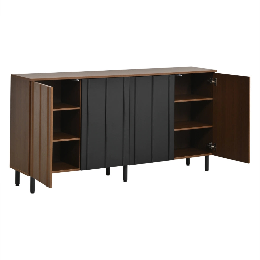 Buffet 160 ¡Á 35 ¡Á 80 cm in truciolare, finitura noce e nero, con 4 ante, ripiani regolabili e portata max 80 kg