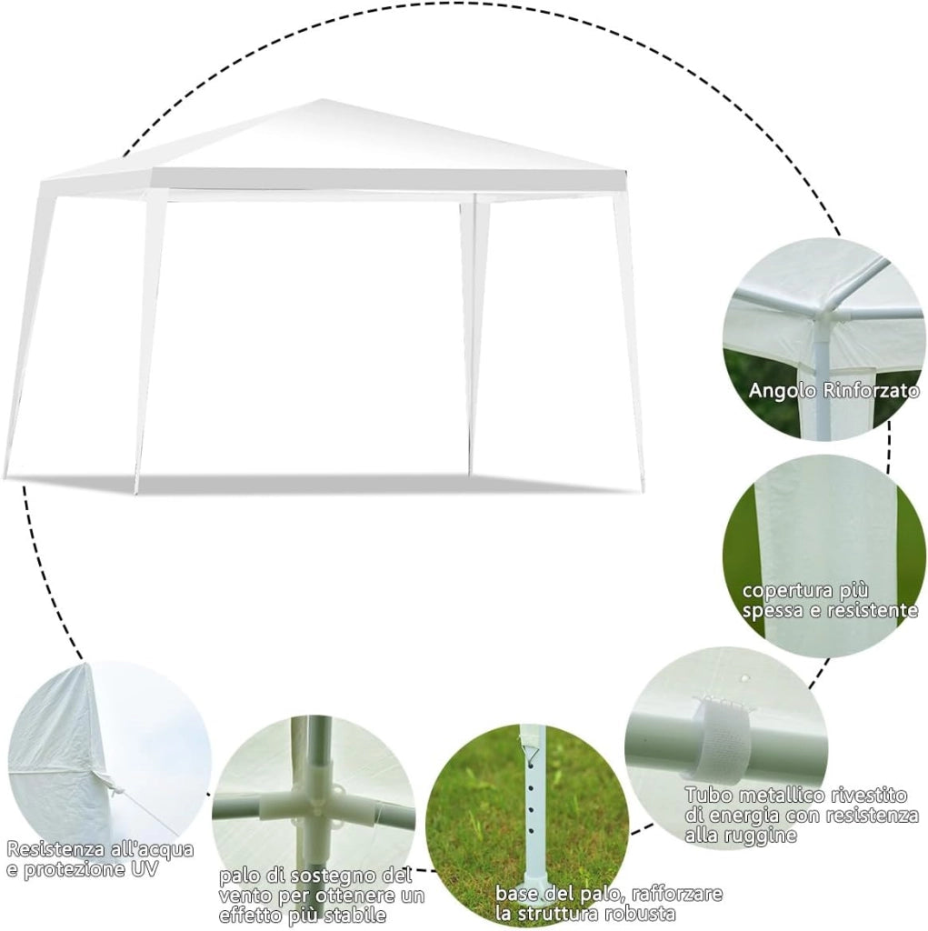 Gazebo da Giardino 3 x 3 M, Tendone per Feste con Struttura in Metallo, Picchetti, Corde per Vento, Impermeabile e Protezione UV, per Feste, Barbecue, Giardino e Spiaggia, Bianco