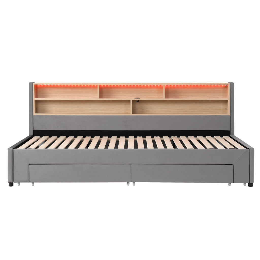 Letto divano estraibile 90x200 cm in velluto grigio con LED e 2 cassetti