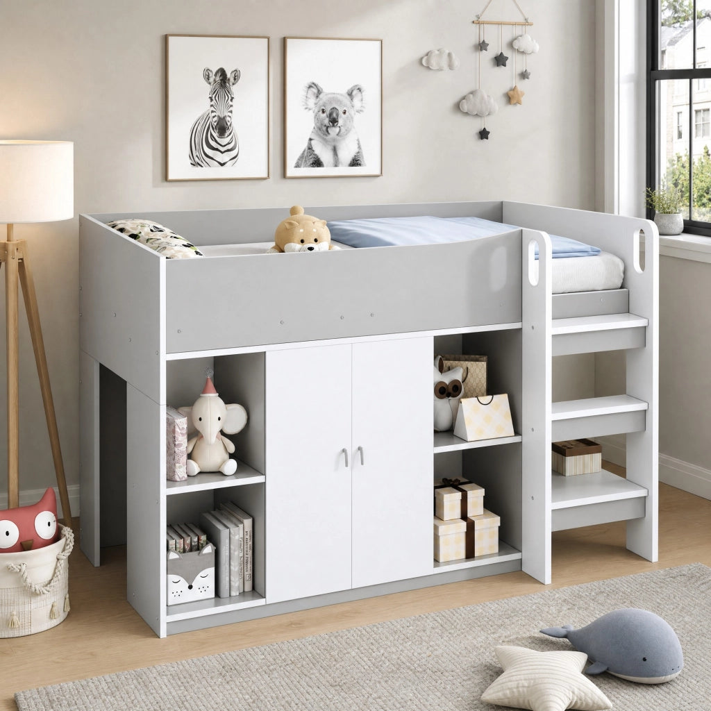 LETTO A CASTELLO 90 x 200 cm con scala, ripiani e armadio, grigio