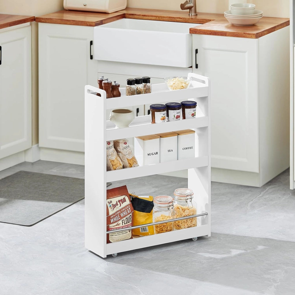 Carrello Slim per Cucina e Bagno con 4 Ruote Scaffale Salvaspazio a 4 Ripiani con Aste Antiscivolo Unità di Stoccaggio per Cucina, Bagno, Forniture per Bellezza o Artigianato 60x18x82cm NSR01-W