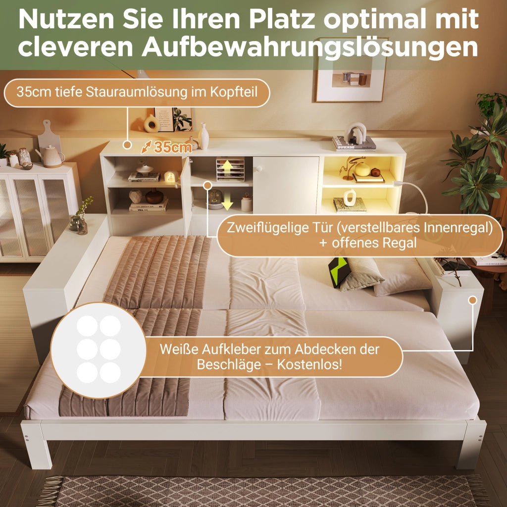 Letto a Divanetto 90 x 200 cm; Letto Singolo - Estraibile; USB e Type-C - Bianco