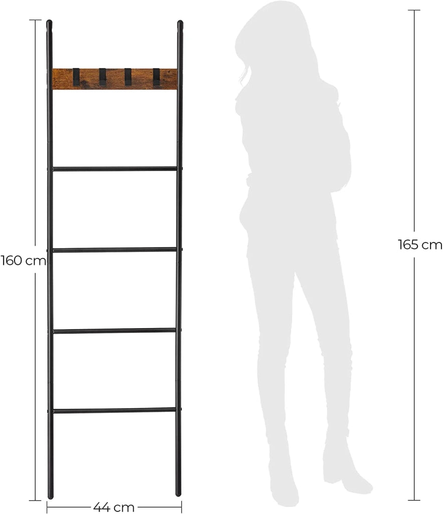 Portasciugamani a forma di scala inclinata 5 ripiani 44 x 160 cm salvaspazio struttura in acciaio 4 ganci per coperte e asciugamani stile industriale marrone rustico e nero 12_0002722