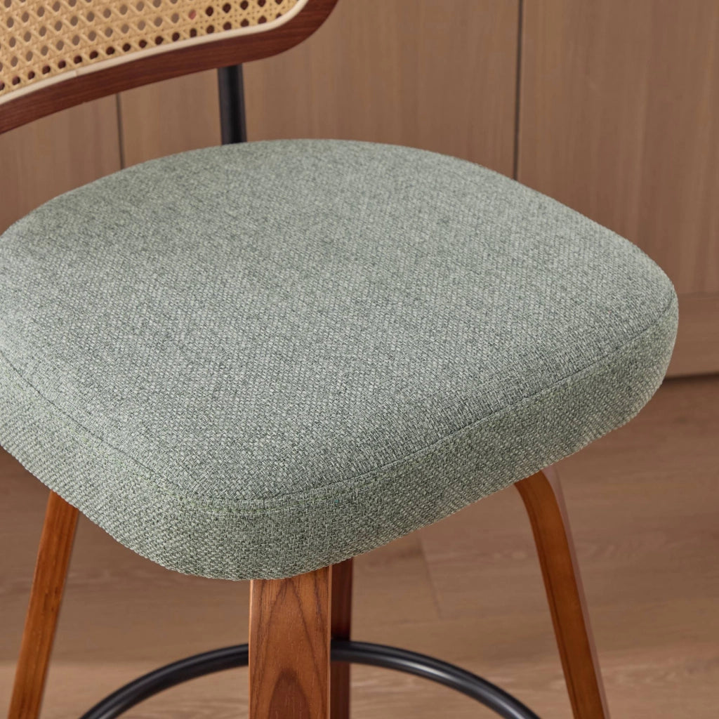 Sgabello da bar girevole set di 3 con schienale in rattan PE e seduta in lino con poggiapiedi metallo verde oliva