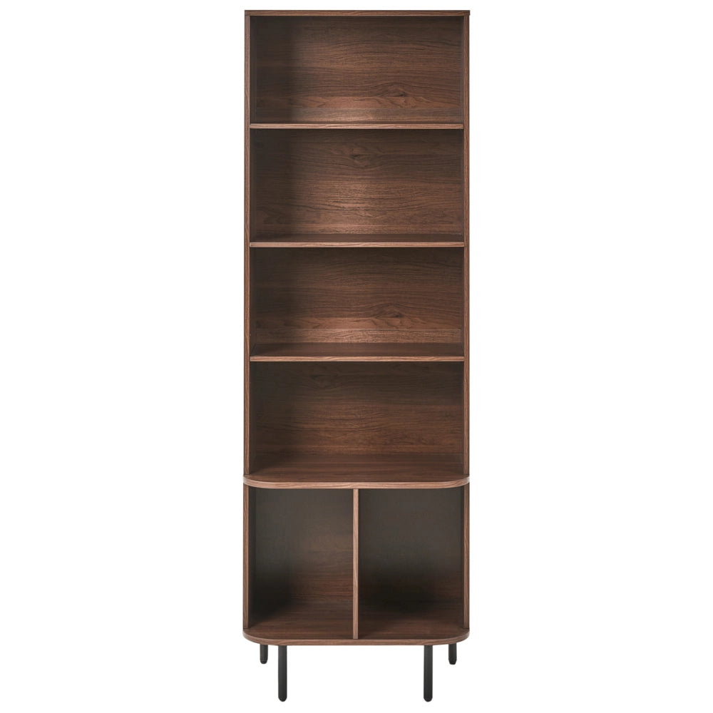 Libreria a 5 ripiani in MDF, impiallacciatura di carta, truciolato e ferro laminato, colore marrone scuro