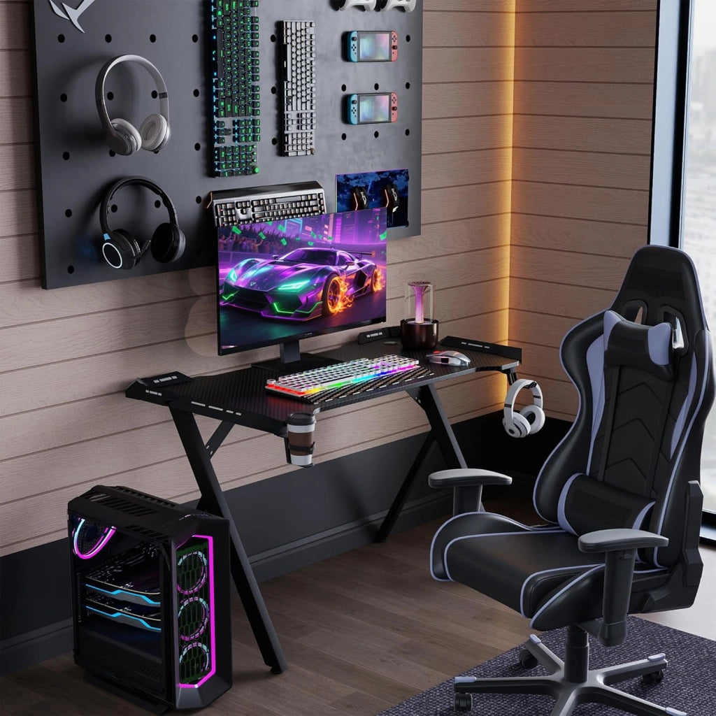 Tavolo da gioco con LED, 140 x 60 cm, scrivania da gioco con porta bevande e gancio per cuffie, tavolo da gioco con rivestimento in fibra di carbonio, nero, telaio a Y