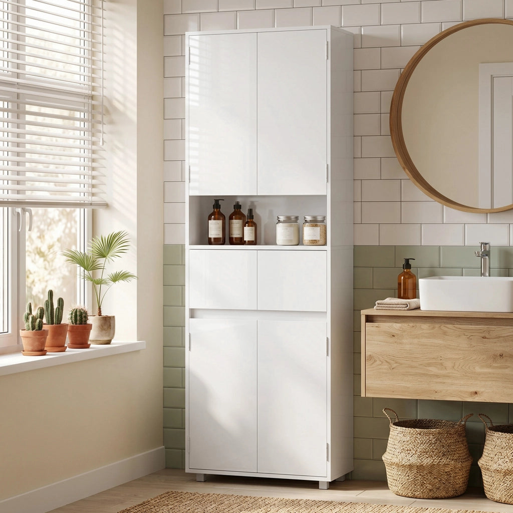 Mobile Alto da Bagno Slim Bianco Lucido con Cassetti e Ripiani