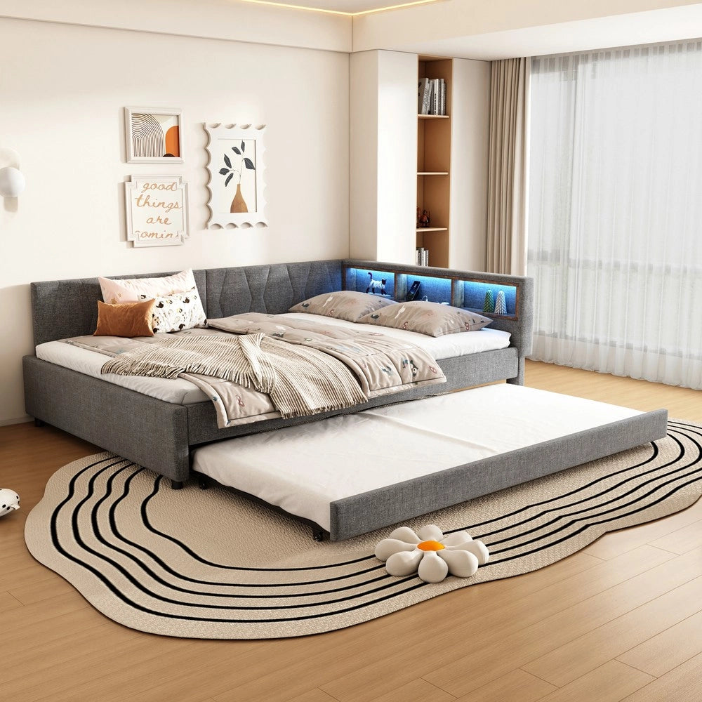 Letto Divano con Rete a Doghe, LED e USB ¨C MINIMAL ¨C Grigio, Tessuto, 140x200