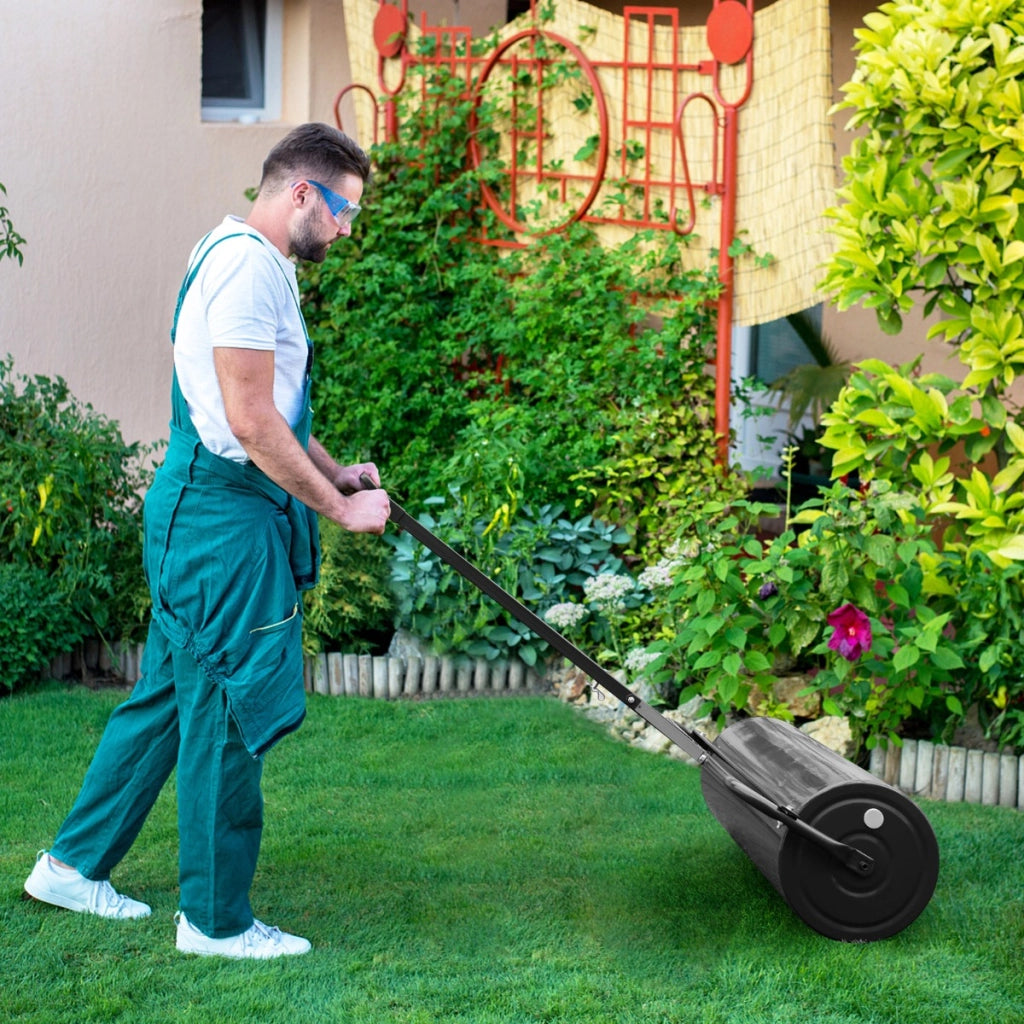 Rullo per prato in metallo con gancio per il traino e impugnatura staccabile, Rullo compattatore da giardino Nero-Attrezzi da giardino