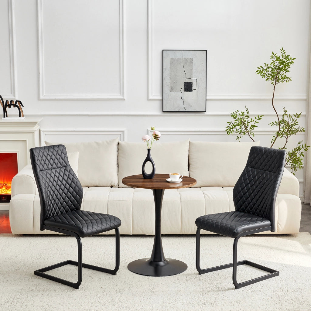 Set tavolo e sedie con 1 tavolo rotondo e 2 sedie imbottite; base centrale; in MDF e metallo nero noce