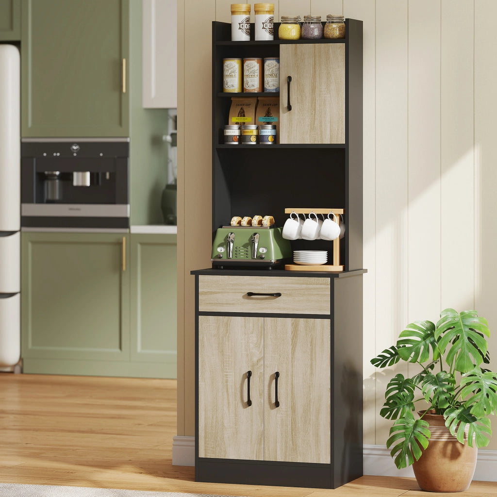 Mobile Alto Cucina Credenza Moderna 60x40x180 cm con Mensola e Foro Passacavi Rivestimento in Melamina Nero e Color