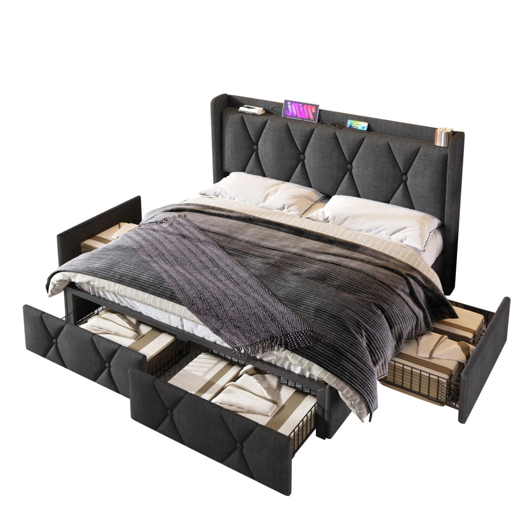Letto matrimoniale 140x200 cm con 4 cassetti; USB e prese; tessuto grigio