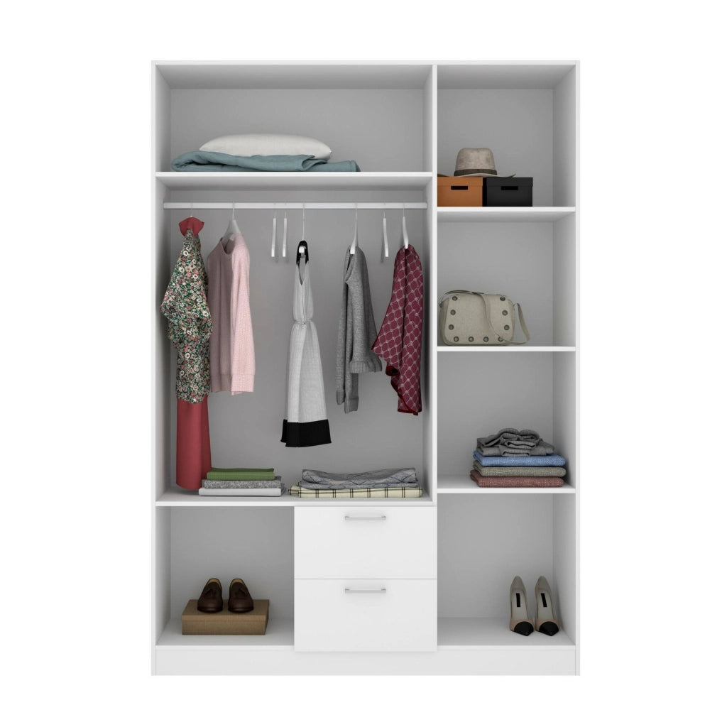 Guardaroba Ales, Mobile appendiabiti per camera da letto, Armadio a 3 ante battenti e 2 cassetti, 150x52h215 cm, Bianco
