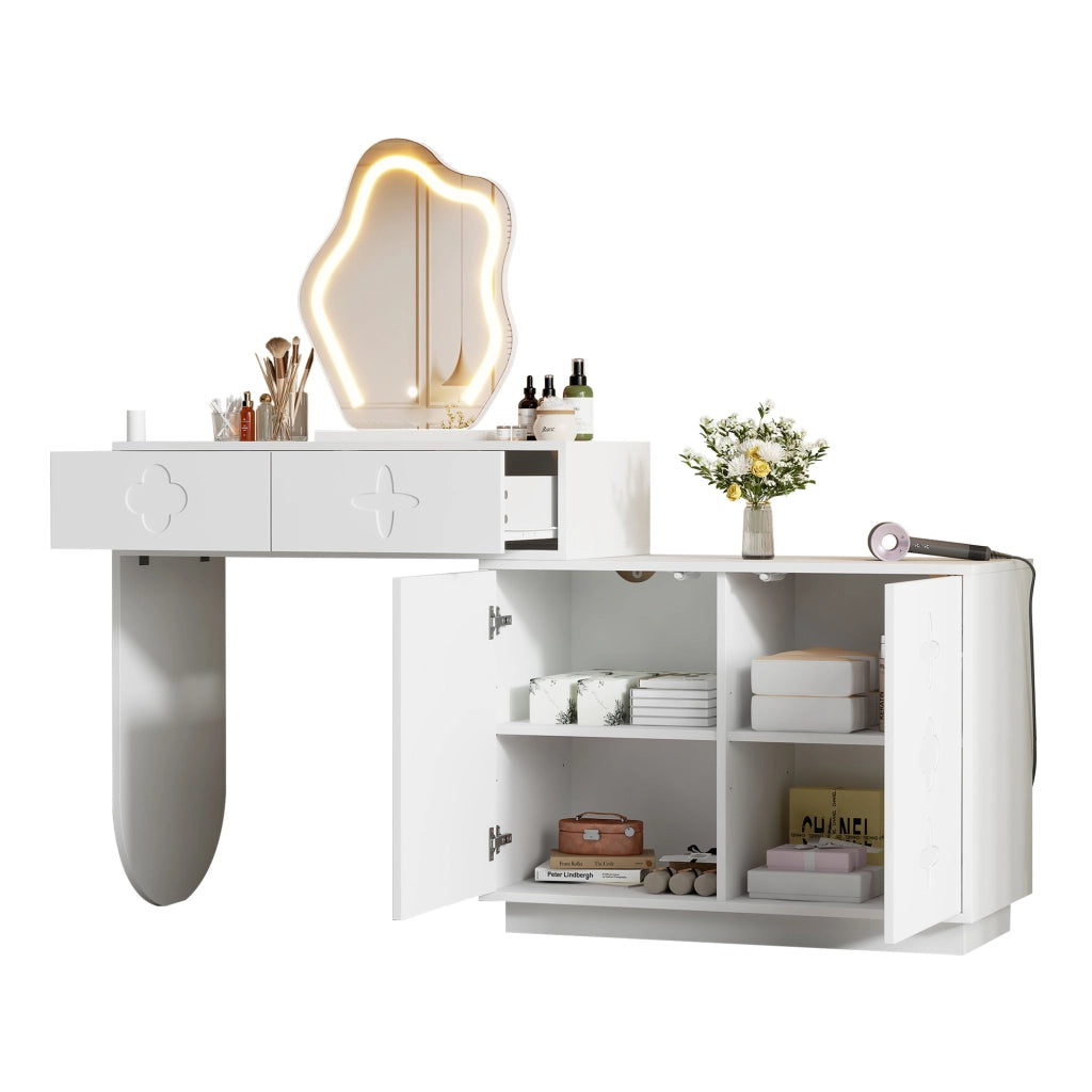 Toeletta 160x40x132 cm con specchio LED a 3 tonalità; 2 cassetti e armadio; MDF; bianco
