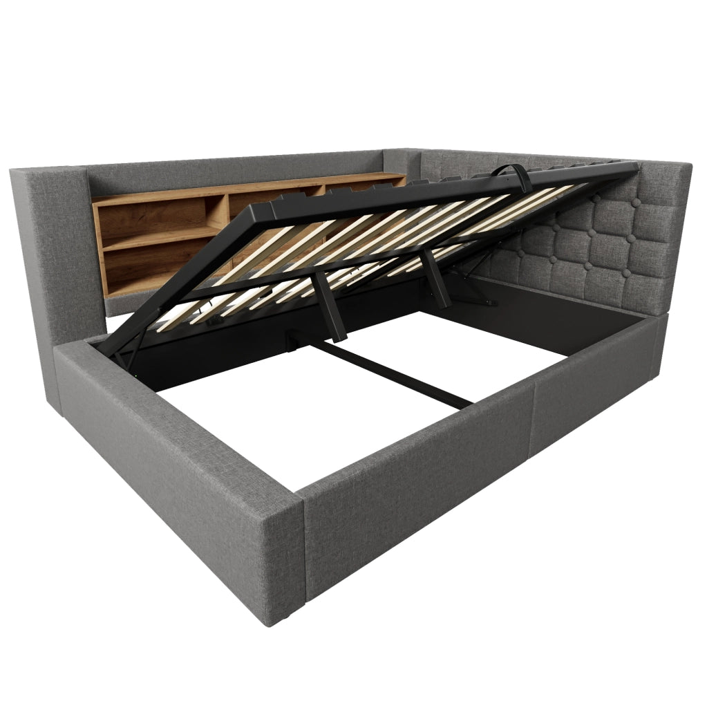 Letto matrimoniale 140x190 cm in tessuto grigio con LED; USB e contenitore idraulico