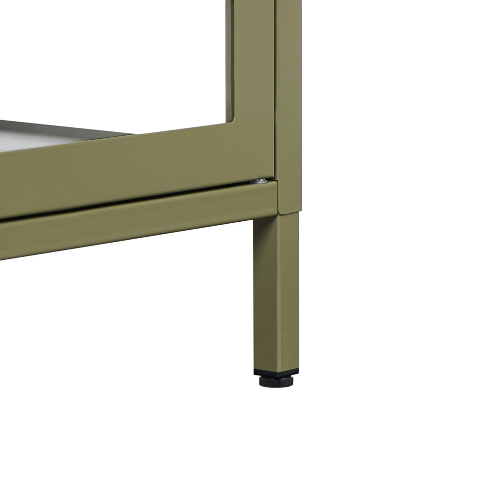 Credenza in acciaio con vetro temperato a 3 ante e ripiani regolabili verde arredi per il soggiorno dal design moderno.