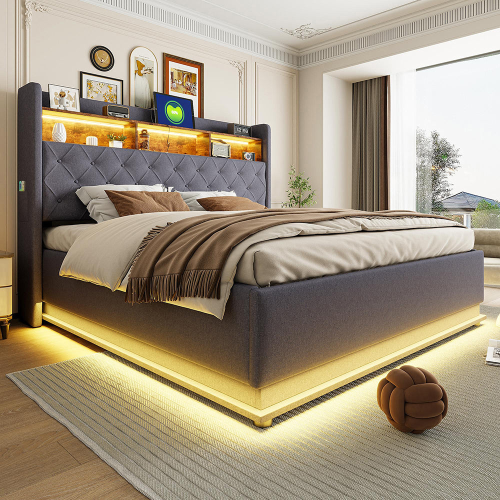 Letto matrimoniale-Xylo-180x200 cm-LED, USB, idraulico, lino, grigio