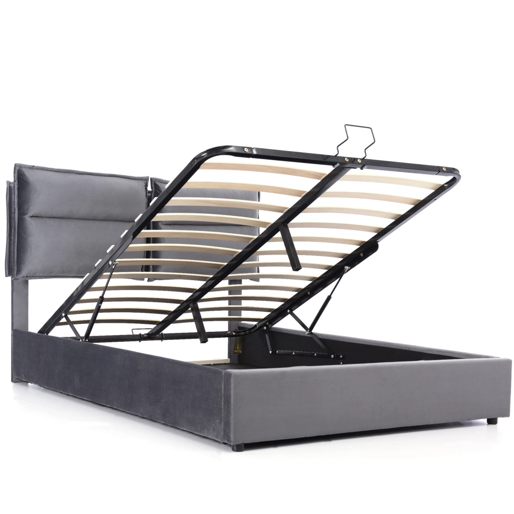Letto Contenitore 140×200 cm; Letto Matrimoniale con Testiera Regolabile e Vano; senza Materasso; Velluto Grigio