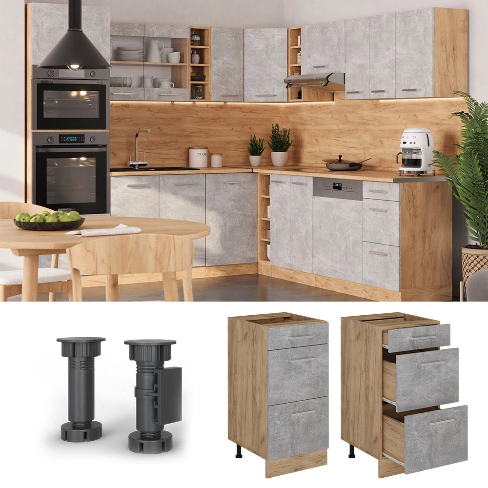 Mobiletto base per cucina R-Line Calcestruzzo/Rovere dorato 40 cm con cassetti, senza piano di lavoro Vicco