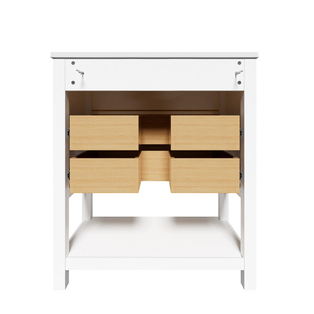 Mobile sottolavabo con lavabo in ceramica, 2 cassetti e vano aperto, finitura lucida, per bagno, bianco oro, 76 cm